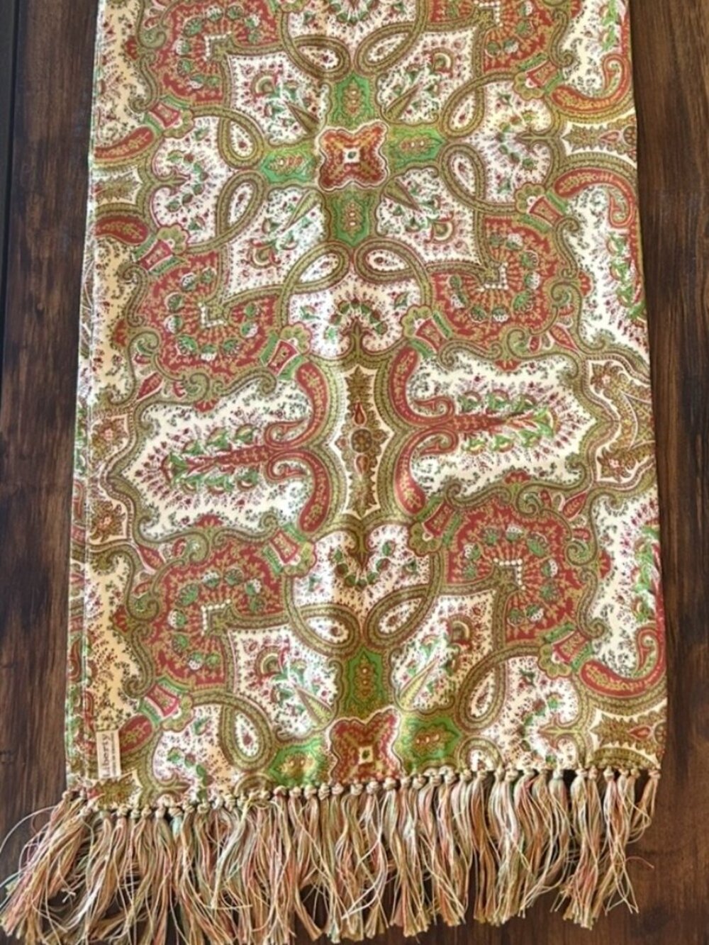 Vintage Liberty of London Fringed Gold and Green Neck Scarf Made in England